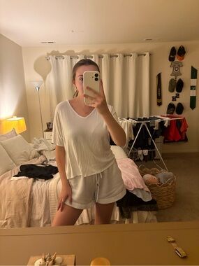 Women’s White V-Neck Lounge Top and Shorts Set